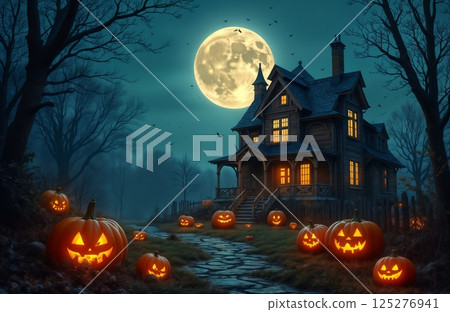 a house is decorated with pumpkins and decorations for the Halloween holiday at night, a rural house in the forest, autumn nature 125276941