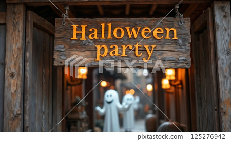 Halloween party banner above the entrance where ghosts celebrate and have fun, vintage style wooden board inscription, old wooden boards, rural style 125276942