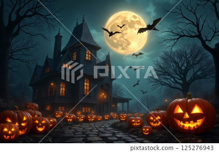 a house is decorated with pumpkins and decorations for the Halloween holiday at night, a rural house in the forest, autumn nature 125276943