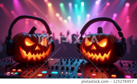 Pumpkins like a DJ with headphones are making a party and playing on the DJ console, a stage lights and night club environment 125276957
