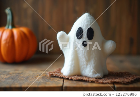 portrait of a cute little ghost in autumn decoration, Halloween holiday theme 125276996