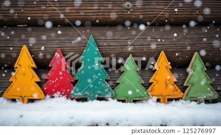 colorful Christmas tree toys as decoration on a wooden background for new year celebration, winter fairy tale 125276997