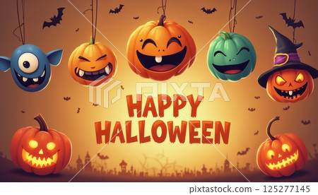 illustration of Halloween decorations with pumpkins and monster faces on a brown color background 125277145