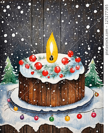 Christmas cake with decorations for New Year's holidays, wooden background, winter fairy tale 125277165