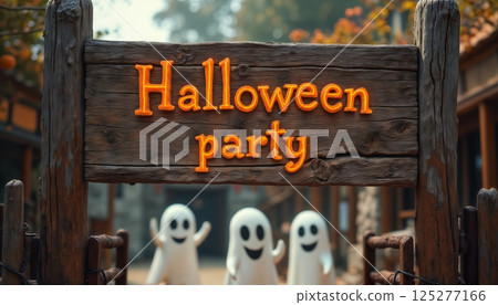 Halloween party banner above the entrance where ghosts celebrate and have fun, vintage style wooden board inscription, old wooden boards, rural style 125277166