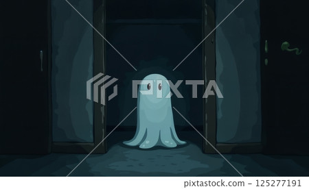 A ghost in the doorway of a dark hallway, on Halloween night, dark and scary A ghost in the doorway of a dark hallway, on Halloween night, dark and scary 125277191