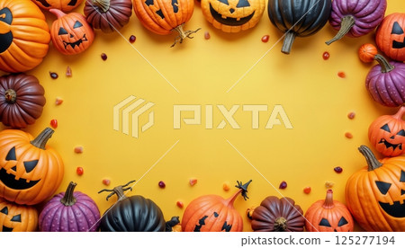 illustration of Halloween decorations with pumpkins on yellow color background 125277194