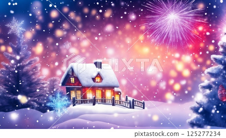 winter village with Christmas decorations, background for New year celebrations, winter fairy tale winter village with Christmas decorations, background for New year celebrations, winter fairy tale 125277234