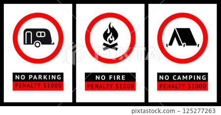 Prohibition sign No Camping, No fires, No Parking 125277263