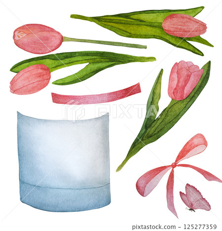 A set of watercolor illustrations consisting of pink blooming tulips, bow, ribbon and gift box on a white background. 125277359