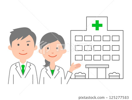 Male and female medical staff giving a tour of the hospital facilities 125277583