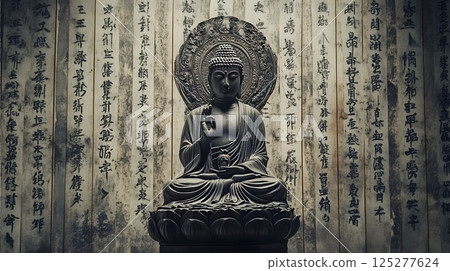 Illustration of an old Buddha statue and sutra 125277624