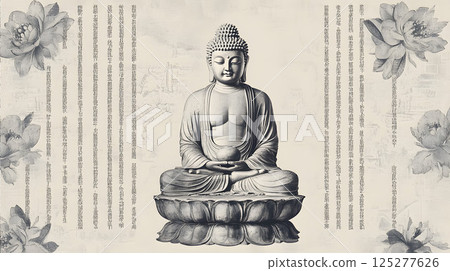 用黑色墨水繪製的佛像和文字 125277626