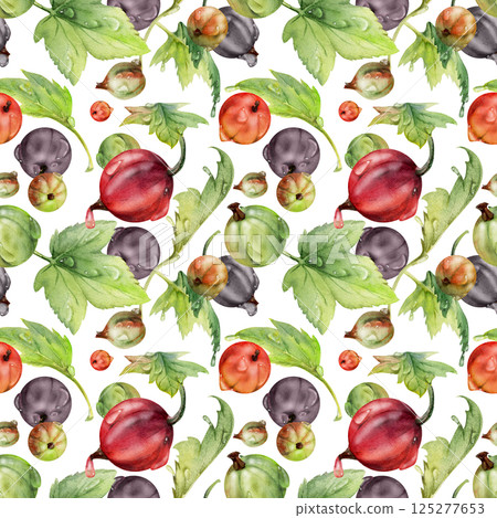 Currant gooseberry flying in water dew drops with green leaves, ripe garden berry casseille juneberry jostaberry. Isolated seamless pattern hand drawn in watercolor. Fabric, wrapping paper, wallpaper 125277653