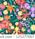 Decorative seamless pattern with spring garden flowers. Vector bunch with bright blossoms and leafy lush greens. Whimsical wildflower scene with textured petals. For spring-themed textile prints 125277667