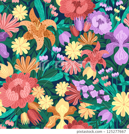 Decorative seamless pattern with spring garden flowers. Vector bunch with bright blossoms and leafy lush greens. Whimsical wildflower scene with textured petals. For spring-themed textile prints 125277667