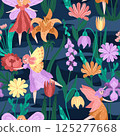 Cute pixie girl flying in starlit flower garden. Seamless pattern illustration of fairies with magical flowers. Ideal for whimsical packaging, and story books. 125277668