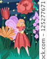Blonde fairy with lilac wings in moonlit flower field. Fantasy character among large colorful blooms. Fairytale vector with dreamy nighttime setting. Great for magical garden themes and nature decor 125277671