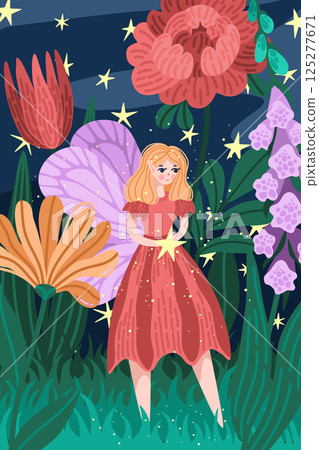 Blonde fairy with lilac wings in moonlit flower field. Fantasy character among large colorful blooms. Fairytale vector with dreamy nighttime setting. Great for magical garden themes and nature decor Blonde fairy with lilac wings in moonlit flower field. Fantasy character among large colorful blooms. Fairytale vector with dreamy nighttime setting. Great for magical garden themes and nature decor 125277671