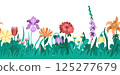 Blooming flowers illustration in mystical spring garden. Vector floral seamless border with detailed plants and lush greenery. Bright garden bouquet for print projects and botanical designs 125277679