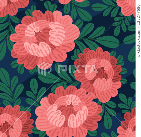 Vector botanical pattern with red peonies. Flat design flower composition with leaves. Elegant floral clipart for print or digital use. Seamless Illustration for wedding cards, and floral branding Vector botanical pattern with red peonies. Flat design flower composition with leaves. Elegant floral clipart for print or digital use. Seamless Illustration for wedding cards, and floral branding 125277680