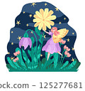 Cute elf girl flying in starlit flower garden. Flat illustration of fairy with magical plants. Night fantasy scene for storybook or greeting card. Ideal for whimsical packaging, and story books 125277681