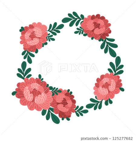 Vector botanical wreath with red peonies. Flat design flower composition with leaves. Elegant floral clipart for print or digital use. Illustration for wedding designs, cards, and floral branding Vector botanical wreath with red peonies. Flat design flower composition with leaves. Elegant floral clipart for print or digital use. Illustration for wedding designs, cards, and floral branding 125277682