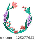 Rustic floral arrangement in vector style. Foxgloves, daisy, and wildflowers in bright spring colors. Decorative flower wreath for cards, decorations or packaging. Ideal for wedding and floral design 125277683