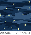 Seamless star pattern with golden stars on dark blue. Night sky background in flat vector style. Midnight blue with scattered glowing stars. Celestial design for fabric, wallpaper, or wrapping 125277684