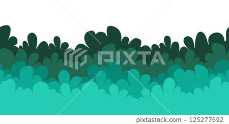 Decorative seamless border with spring green bush. Vector illustration with bright lush green. Whimsical scene for spring-themed textile prints Decorative seamless border with spring green bush. Vector illustration with bright lush green. Whimsical scene for spring-themed textile prints 125277692