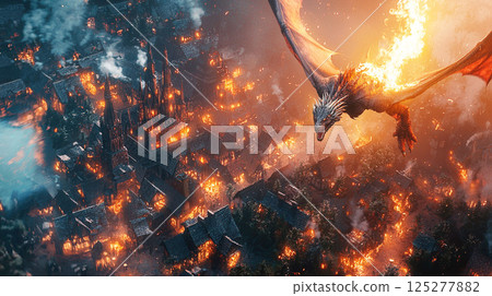 Fantasy battle scene with a fire-breathing dragon attacking a town Fantasy battle scene with a fire-breathing dragon attacking a town 125277882