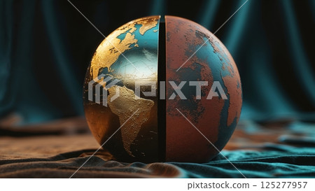 Detailed globe sculpture showcasing Earth's continents with golden and copper hues on a textured background 125277957