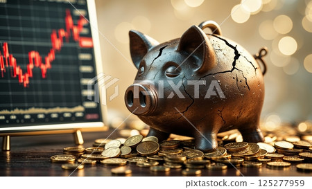 Financial growth represented by a cracked piggy bank beside rising stock chart and coins on a table 125277959
