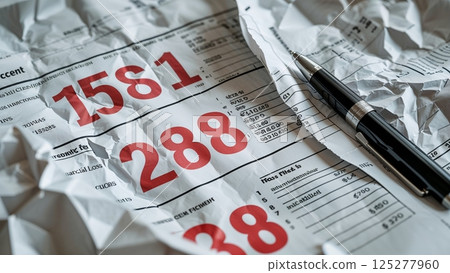 Financial report with clear numerals and a pen on crumpled paper in an office setting 125277960