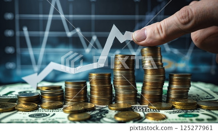Rising financial growth depicted through stacked coins and a graph trend line showing upward movement 125277961