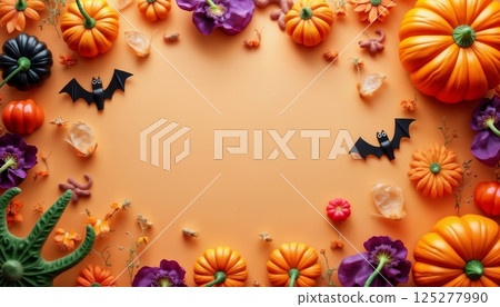 illustration of Halloween decorations with pumpkins on yellow color background 125277990