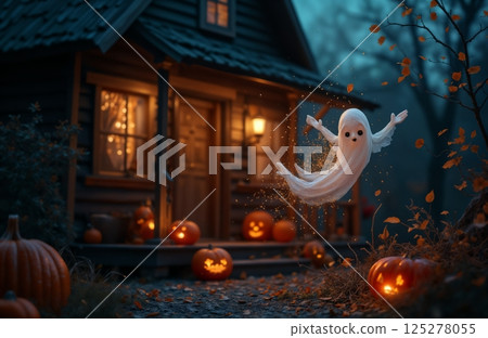 a ghost flies at the porch of the house on Halloween night, pumpkin decorations and candles, moonlight, a rustic house in the forest, autumn nature 125278055