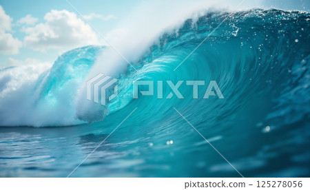 a large and beautiful ocean wave, against a blue sky background, a paradise seascape 125278056
