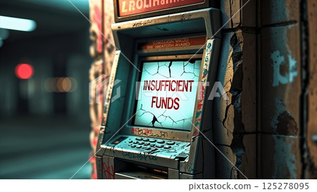 Broken ATM displaying insufficient funds warning in a dimly lit urban area at night Broken ATM displaying insufficient funds warning in a dimly lit urban area at night 125278095