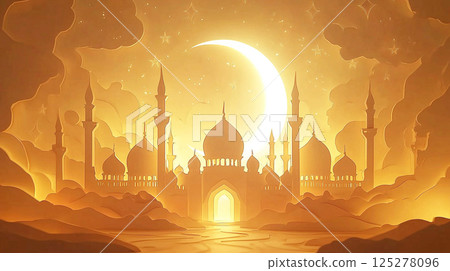 Golden moon and mosque architecture 125278096