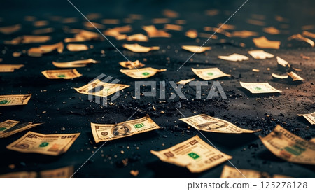Scattered bills across a dark surface creating an atmosphere of chaos and abandonment in an urban setting 125278128
