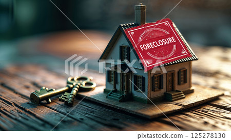 Model house with foreclosure stamp on it alongside an old key on a wooden table to illustrate financial distress 125278130