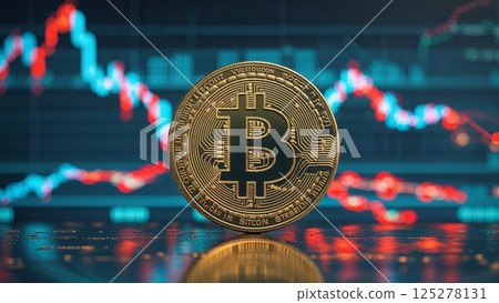 Bitcoin coin stands prominently in front of fluctuating market graphs on a digital display during a trading session 125278131