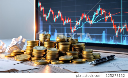 Stacks of coins surround a trading screen showing fluctuating market graphs and charts in an office setting 125278132