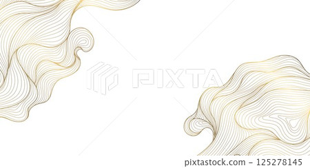 Vector abstract gold line wave pattern, luxury elegant frame with organic fluid elements. Japanese soft cards, organic leaves, flow curve glitter, clouds 125278145