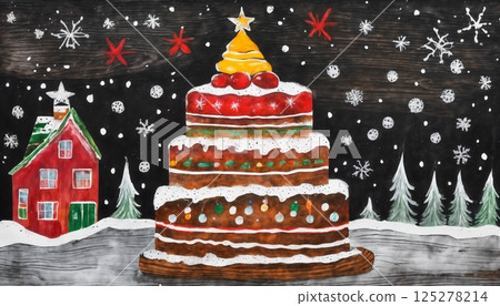 Christmas cake with decorations for New Year's holidays, wooden background, winter fairy tale 125278214