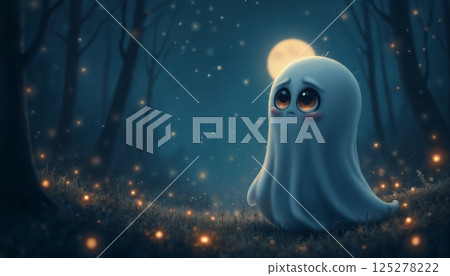 Cute ghost in the night forest in a glade, darkness and moonlight, Halloween theme 125278222