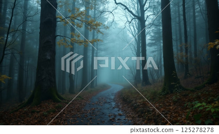 forest in autumn season, beautiful nature in morning, rainy weather, cloudy 125278278