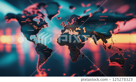 Map showcasing global connections with vibrant neon accents in a modern setting Map showcasing global connections with vibrant neon accents in a modern setting 125278323