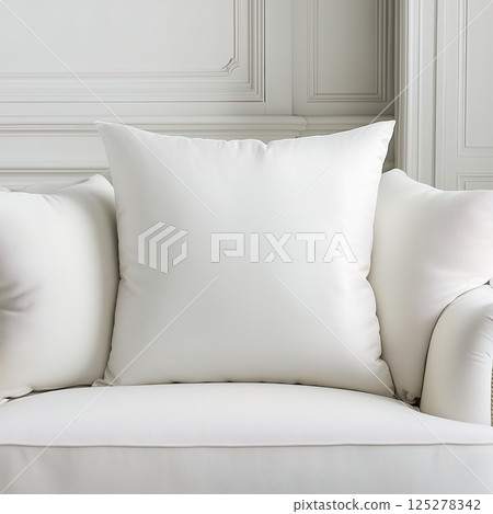 White square interior pillow mockup, throw pillow template in contemporary home room interior, AI generated home decor 125278342